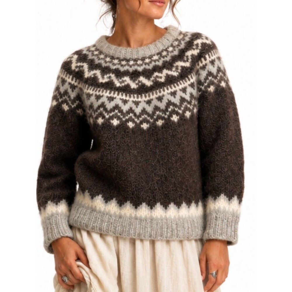 Icelandic Design Handknit Wool Fair Isle Nordic Sweater Brown Size XL Cozy